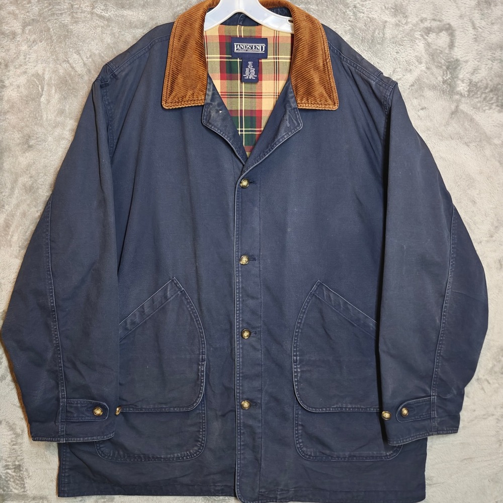 Vintage Lands End Barn Coat Jacket Mens 2XL Tall Navy Blue Corduroy Collar Plaid